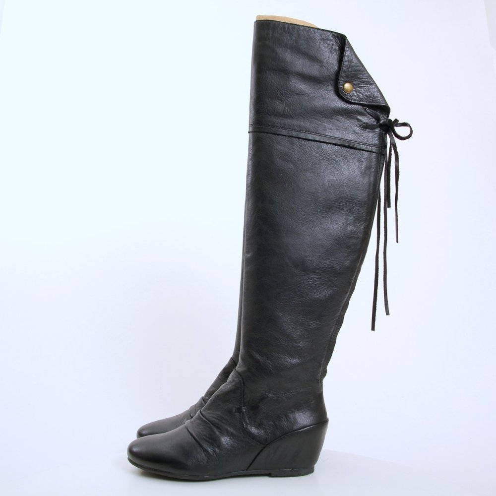 Corso Como Black Leather Over-the-Knee Lace-Back Wedge Boots - Picture 3 of 11